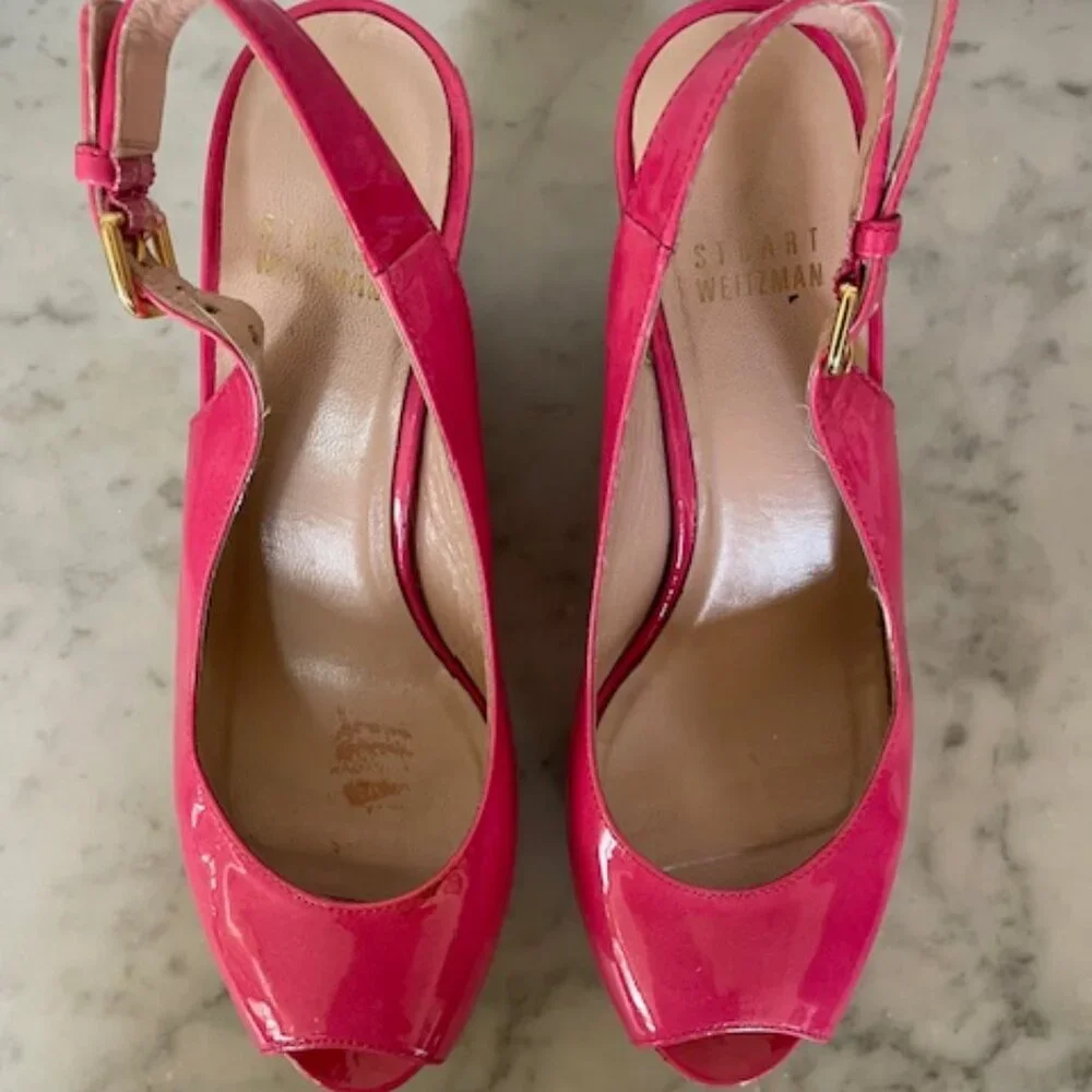 STUART WEITZMAN Jenny Fuchsia Peep Toe Sling Back Cork Wedge 6M